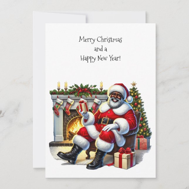 Black Santa mit Fireplace Flat Card personalisiere (Vorderseite)