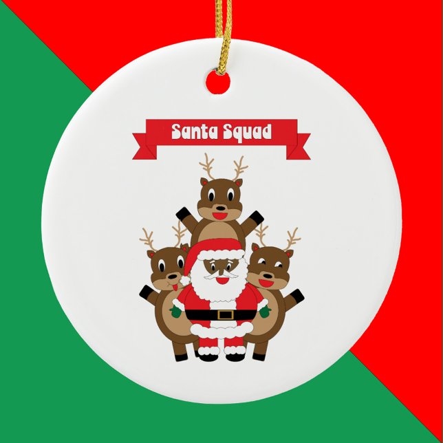 Black Santa Squad Reindeer Funny Keramik Ornament (An ornament with a black Santa and reindeer under a banner that reads Santa Squad.)