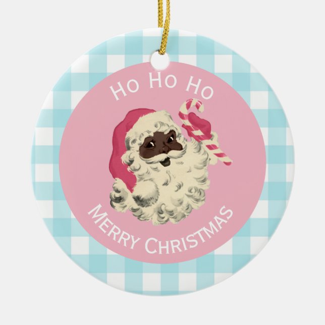 Black Santa und Blue Gingham Keramik Ornament (Vorne)