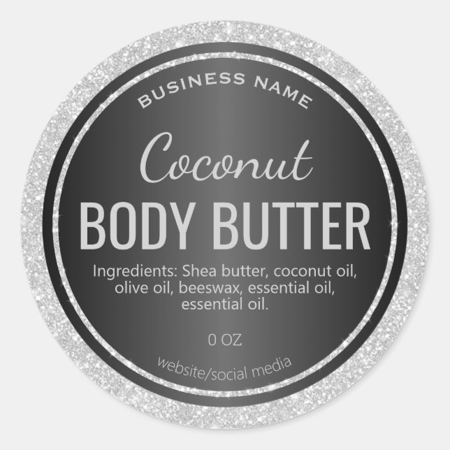 Black Satin Silver Glitzer Body Butter Labels Runder Aufkleber (Vorderseite)