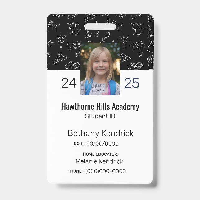 Black School Icons Homeschool Student ID Abzeichen Ausweis (Front)