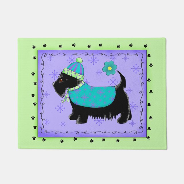 Black Scottie Dog Begrüßung grüner Lavendel Fußmatte (Vorderseite)