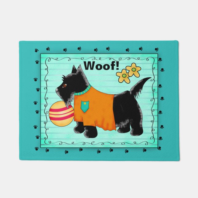 Black Scottie Dog Willkommen Woof Türkis Aquamarin Fußmatte (Vorderseite)