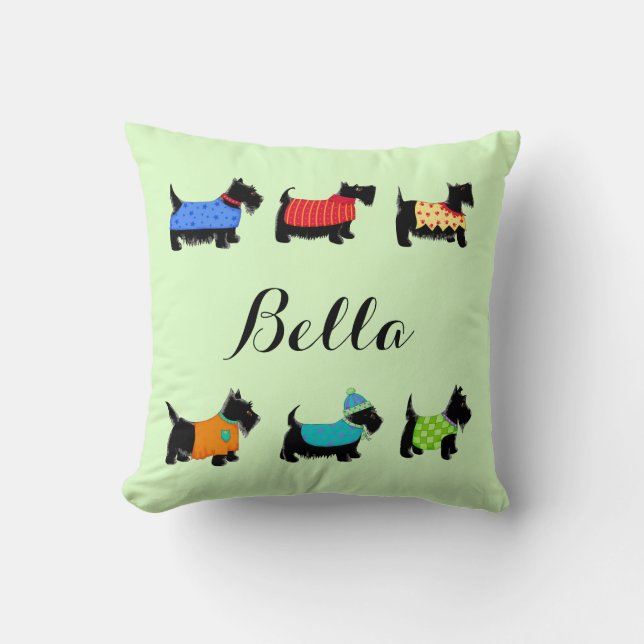 Black Scottie Hunde Name Personalisiert Green Kissen (Vorderseite)