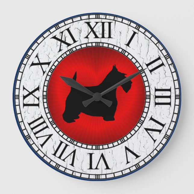 Black Scottie on Heart, Cracked Paint Große Wanduhr (Vorderseite)