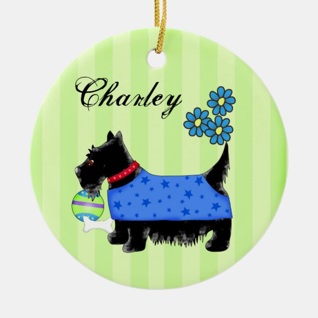 Black Scottie Terrier Dog Name Personalisiert Gree Keramikornament (Vorne)