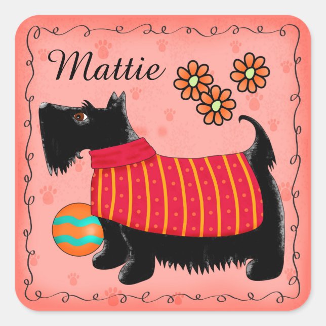 Black Scottie Terrier Dog Name Personalisiert Red Quadratischer Aufkleber (Vorderseite)