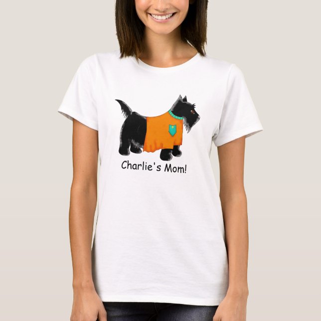 Black Scottie Terrier Dog Orange Name Personalisie T-Shirt (Vorderseite)