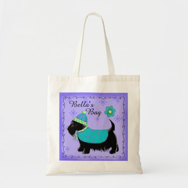 Black Scottie Terrier Dog Personalisiert Lila Tragetasche (Vorne)