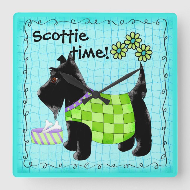 Black Scottie Terrier Dog Personalisiert Türkis Quadratische Wanduhr (Vorderseite)