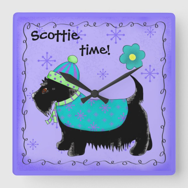 Black Scottie Time Dog Personalisiert Lavendel Quadratische Wanduhr (Vorderseite)