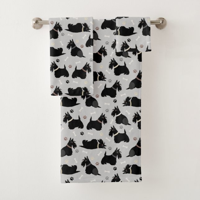 Black Scottish Terrier Paws and Bones Badhandtuch Set (Insitu)
