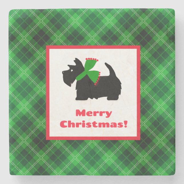 Black Scotty Dog Tartan Kariert Weihnachten Steinuntersetzer (Vorderseite)