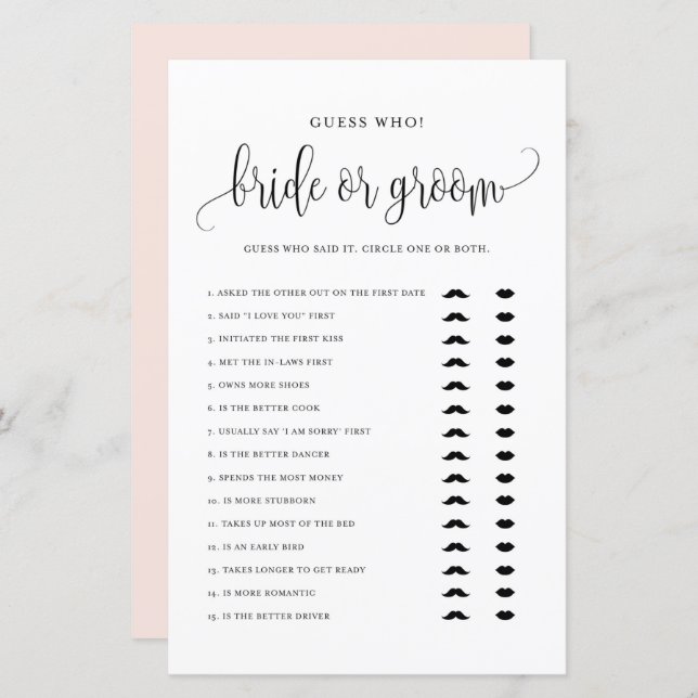 Black Script Gues Who Bridge oder Groom Shower Gam (Vorne/Hinten)