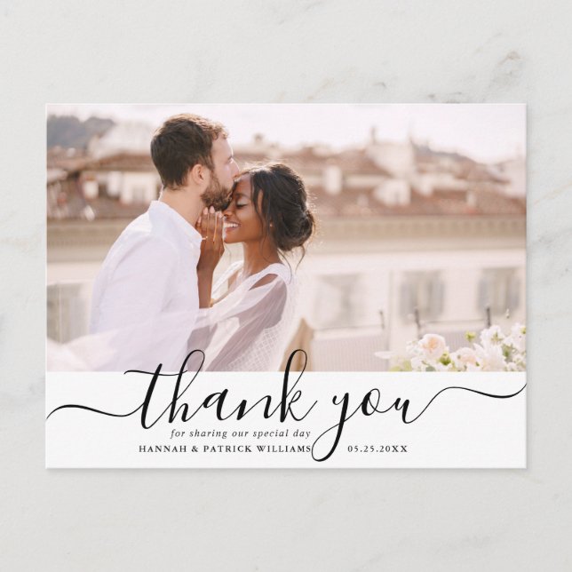 Black Script Modern Wedding Danke Foto Postkarte (Vorderseite)