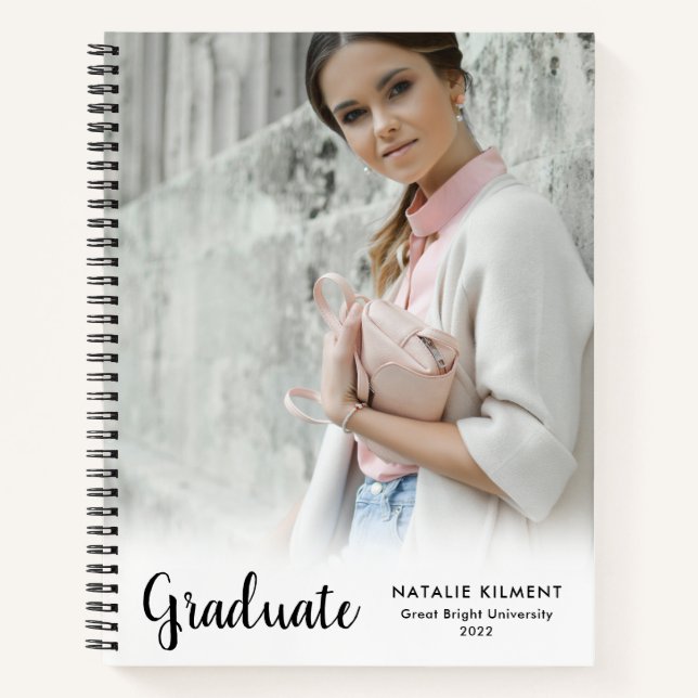 Black Script Modernes Graduate Foto Abschluss Notizbuch (Vorderseite)
