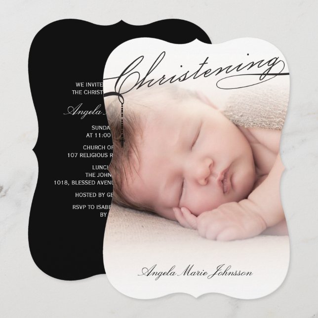 Black Scripted Christening Cross Foto Religious Einladung (Vorne/Hinten)