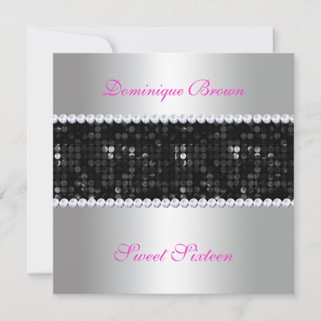 Black Sequin Einladung mit Diamanten - Silber (Vorderseite)