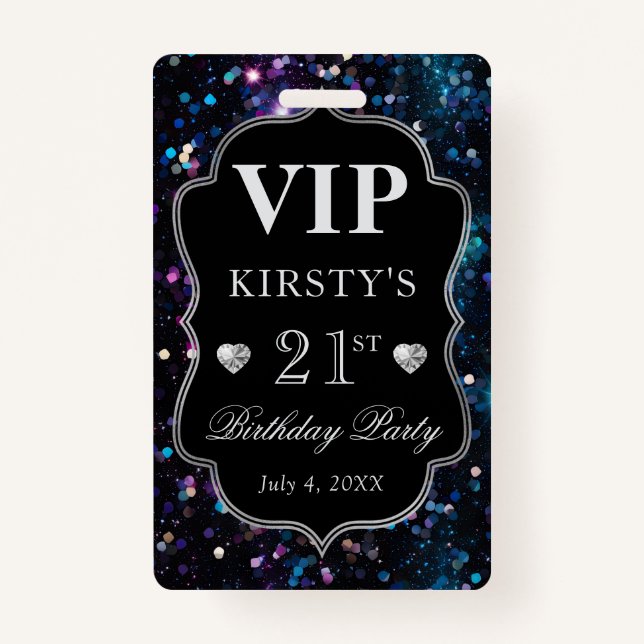 Black Sequins Glitzer Vintag Frame Birthday VIP Ausweis (Vorderseite)