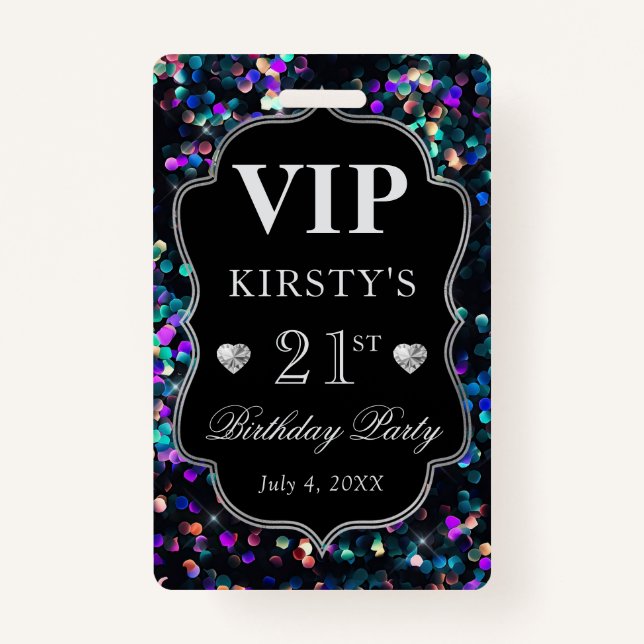 Black Sequins Glitzer Vintag Frame Birthday VIP Ausweis (Vorderseite)