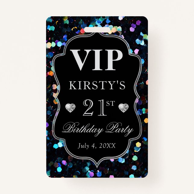 Black Sequins Glitzer Vintag Frame Birthday VIP Ausweis (Vorderseite)