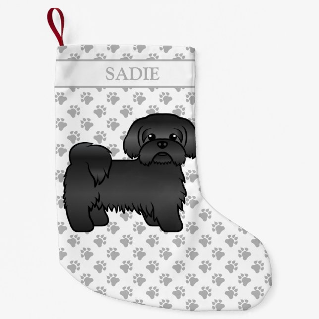 Black Shih Tzu Niedlich Cartoon Dog & Name Kleiner Weihnachtsstrumpf (Vorderseite)