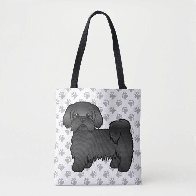 Black Shih Tzu Niedlich Cartoon Dog & Paws Tasche (Vorderseite)