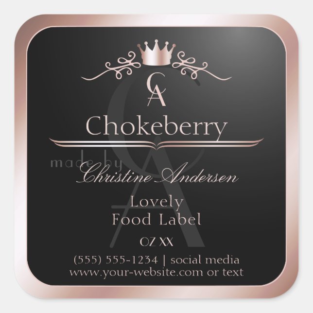 Black Shiny Product Label Rose Gold Frame Monogram Quadratischer Aufkleber (Vorderseite)
