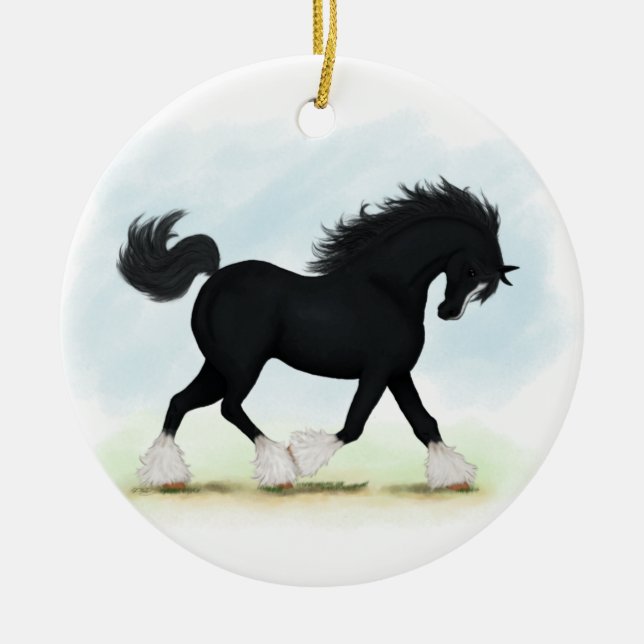 Black Shire Pferd mit Blaze und Strümpfen Keramik Ornament (Vorne)