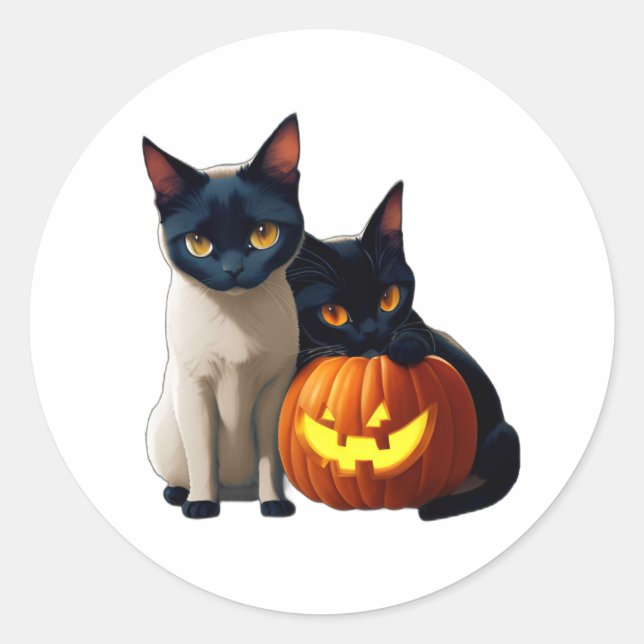 Black Siamese Cat Pumpkin Niedlich Kawaii Tiere Ha Runder Aufkleber (Vorderseite)
