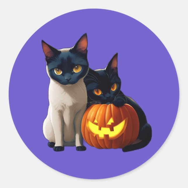Black Siamese Cat Pumpkin Niedlich Kawaii Tiere Ha Runder Aufkleber (Vorderseite)