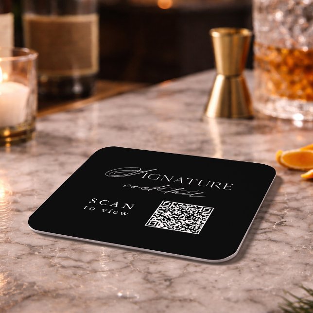 Black Signature Cocktail QR Code Wedding Coaster Rechteckiger Pappuntersetzer (Von Creator hochgeladen)