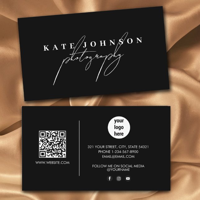 Black Signature Script QR Code Social Media Visitenkarte (Black Signature Script QR Code Social Media Business Card)