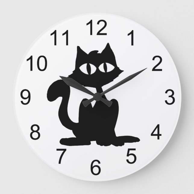 Black Silhouette Cat Animal Wall Clock Große Wanduhr (Vorderseite)
