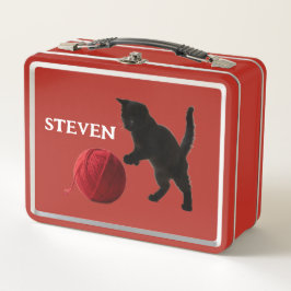 Black Silhouette Kitty, with red wool Ball Metall Brotdose