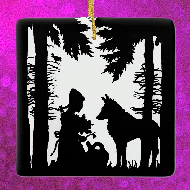 Black Silhouette Little Red Riding Hood Wolf Woods Keramikornament (Black and white Red riding hood kneeling under trees with wolf flowers on hanging ornament.)