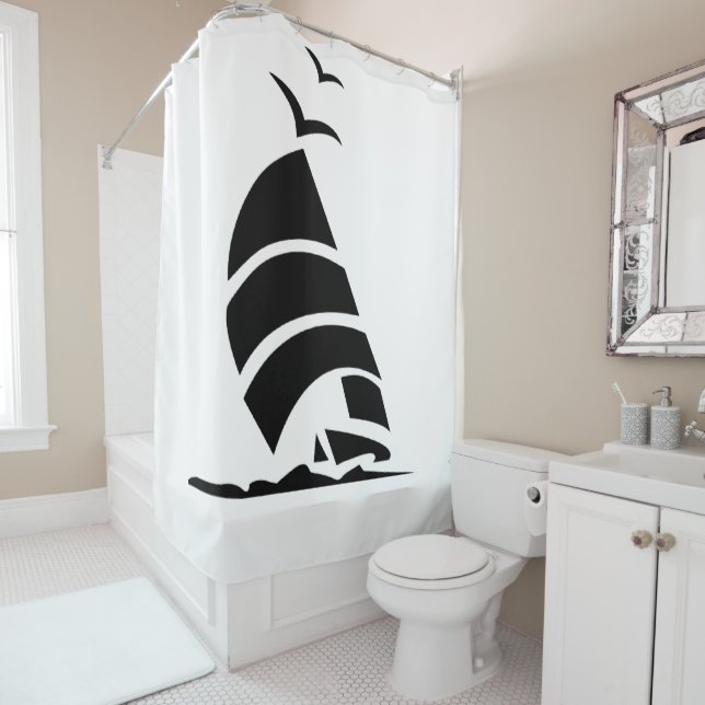 ""Black Silhouette SailBoat"" Rideau de douche (En situation)
