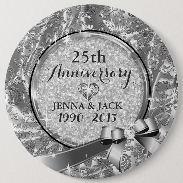 Black & Silver 25th Wedding Anniversary Ornament 4 Button (Vorderseite)