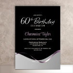 Black Silver 60. Geburtstagsparty Einladung<br><div class="desc">Diese moderne schwarz-silberne 60. Geburtstagsfeier strahlt schlichte Eleganz und Eleganz aus. Das Design ist in Schwarz und Silber gehalten, durch eine Flüssigkeitswelle getrennt und durch ein stilvolles rosa Band, das von einer Seite zur anderen fließt. Der individuell gestaltbare Textbereich ermöglicht es Ihnen, mühelos alle notwendigen Details für Ihre Geburtstagsfeier, einschließlich...</div>