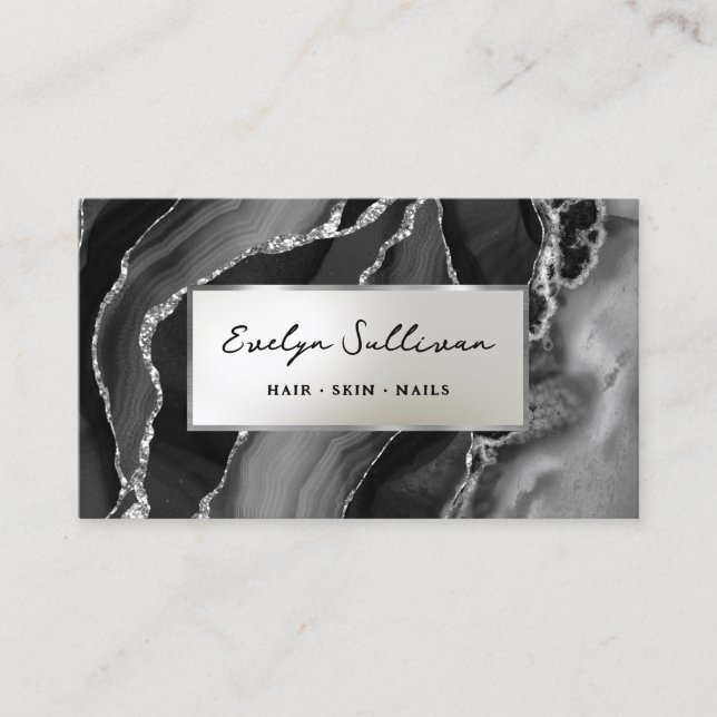 Black Silver Agate Business Card Visitenkarte (Vorderseite)