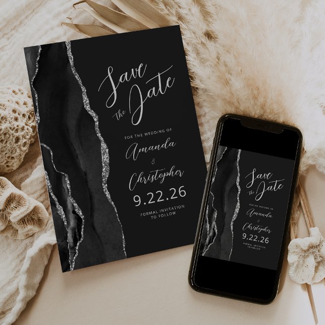 Black Silver Agate Script Save the Date Ankündigung (Von Creator hochgeladen)
