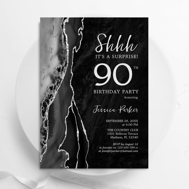 Black Silver Agate Überraschung 90. Geburtstag Einladung (Von Creator hochgeladen)