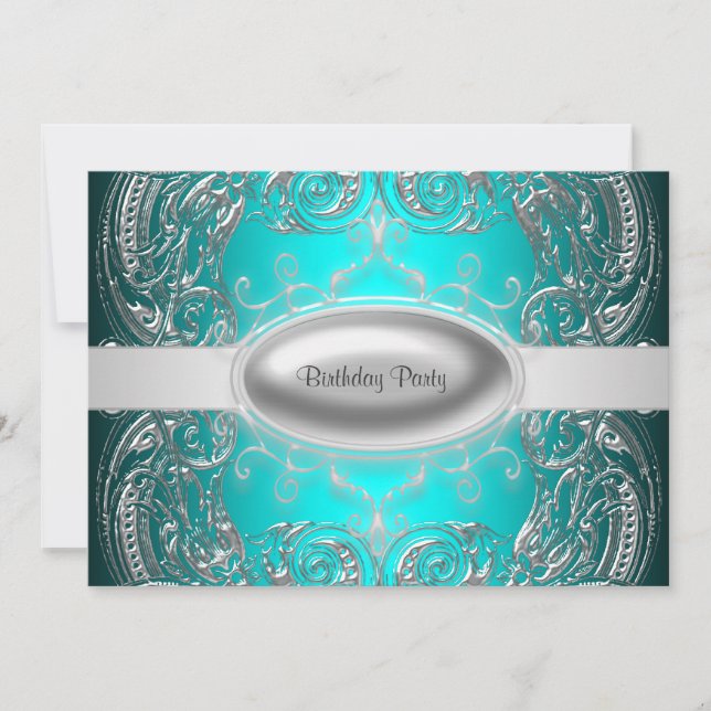 Black Silver Aquamarin Girl Womans Birthday Party Einladung (Vorderseite)