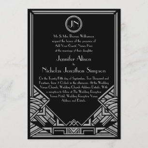 Black Silver Art Deco Gatsby Style Hochzeit Einlad Einladung
