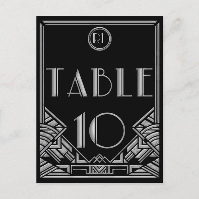 Black Silver Art Deco Gatsby Style Tischnummer 10 (Vorderseite)