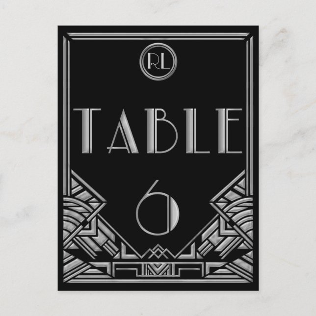 Black Silver Art Deco Gatsby Style Tischnummer 6 (Vorderseite)