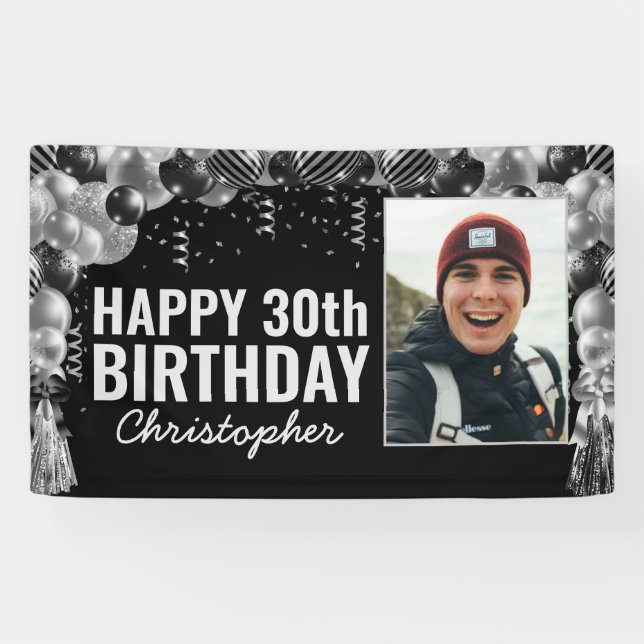 Black Silver Balloon Confetti Foto Happy Birthday Banner (Horizontal)