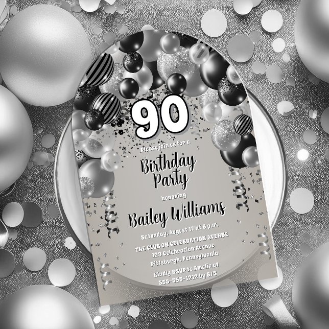 Black Silver Balloons 90. Geburtstagsparty Acryleinladungen (Black and Silver Tone  Celebration Balloons "90" 90th Birthday Party Acrylic Invitation)