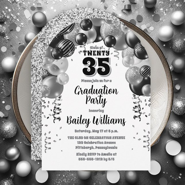 Black Silver Balloons Graduation Party Einladung (Black | Silver Balloons Class Year Graduation Party Invitations - Print and/or Download Available)