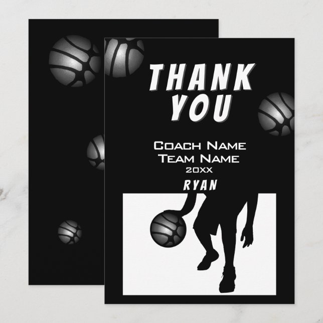 Black Silver Basketball Vielen Dank Coach Card Dankeskarte (Vorne/Hinten)